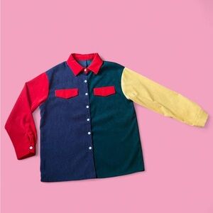 ROMWE Colorblock Button-Down Shirt in Red, Navy, Green, Yellow